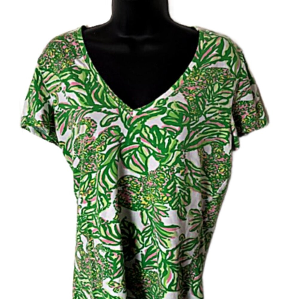 Lilly Pulitzer Etta V Neck Cotton Top Green Pink Print L Large